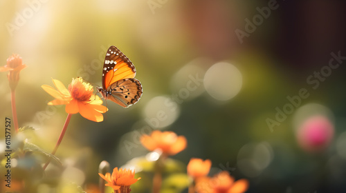 Beautiful Butterfly flying on to Spring Flower with Blurred Background Banner Concept. Summer Natural Landscape with Copy Space. Generative AI © Nilla