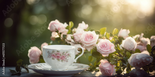 Tea and Roses. Cup of Tea and Pink Roses on a table in summer Garden Outdoor. Herbal Tea and Flowers. Generative ai illustration 