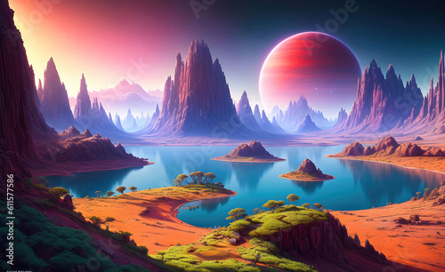 Alien planet landscape, 3d illustration of imaginary, fictional another planet background. Generative Ai.