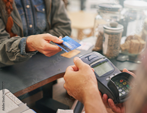 Credit card, debit machine and customer in cafe with hands of cashier for shopping, point of sale and checkout. Payment technology, bills and closeup of person paying for finance in restaurant store