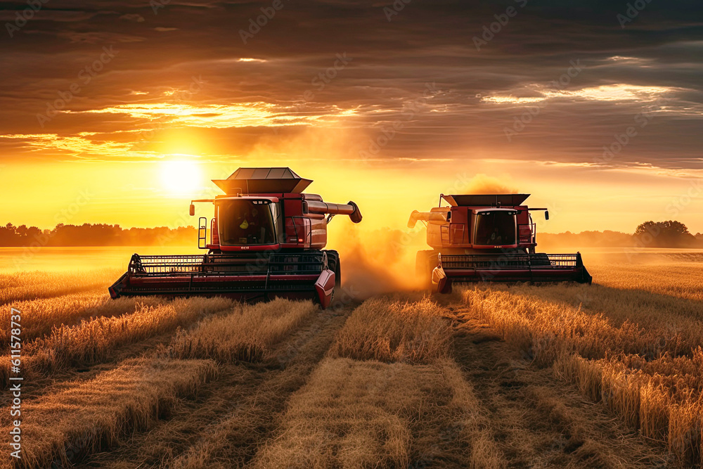 Fototapeta premium combine harvester harvests wheat from field on farm in summer at sunset. Generative AI illustration
