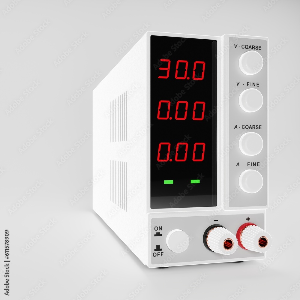 Digital adjustable DC power supply, white background, 3d render Digital adjustable DC power supply, white background, 3d render