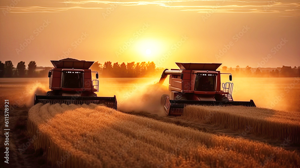 combine harvesters harvest grain from field in summer at sunset. Generative AI
