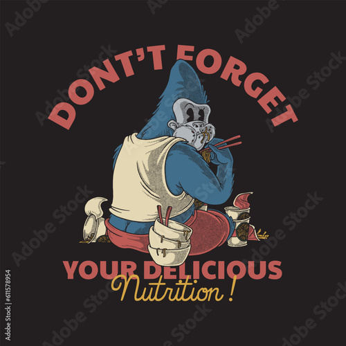 Cartoon gorilla eating noodles retro emblem