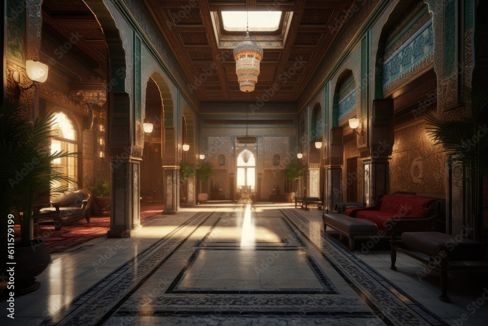 Abstract Islamic Interior Design, Oriental Palace Interior with Mosaic and Golden Decor. Generative ai illustration. Eid Mubarak Ramadan Kareem, Eid al-Adha