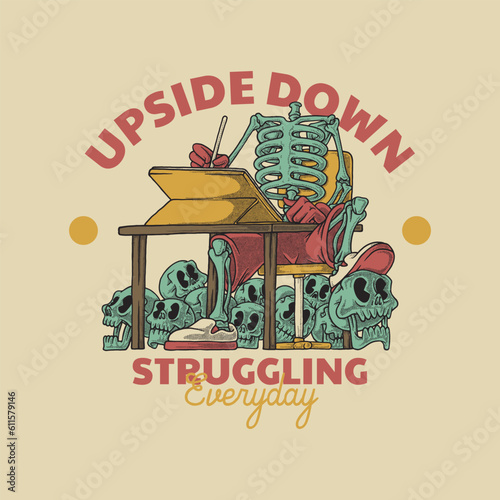 Cartoon drawing headless skeleton retro emblem