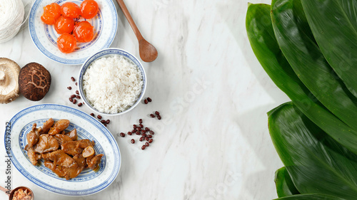 Zongzi Bacang Ingredient Preparation for Peh Cun Duanwu Dragon Boat Festival, Top View photo