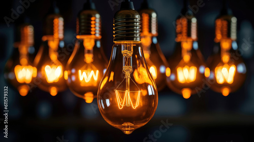 Light bulbs and a dark background. Generative AI