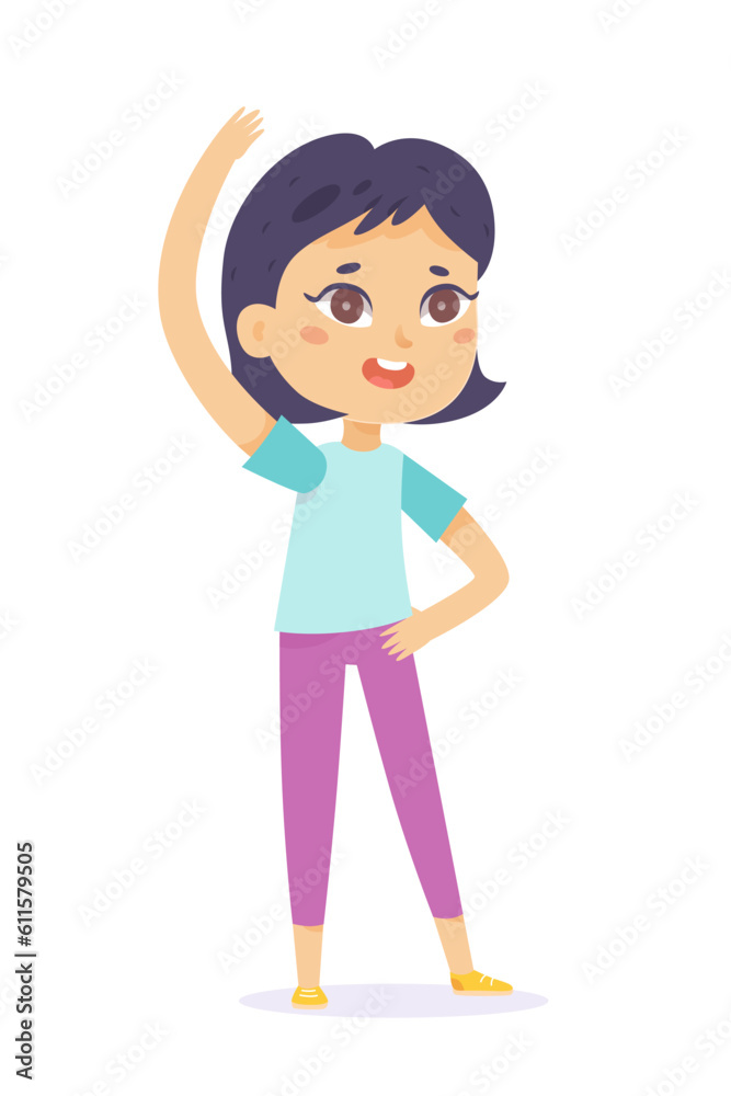 Cute girl doing side bends, morning sport and fitness exercise of active sporty kid Cute girl doing side bends, morning sport and fitness exercise of active sporty kid