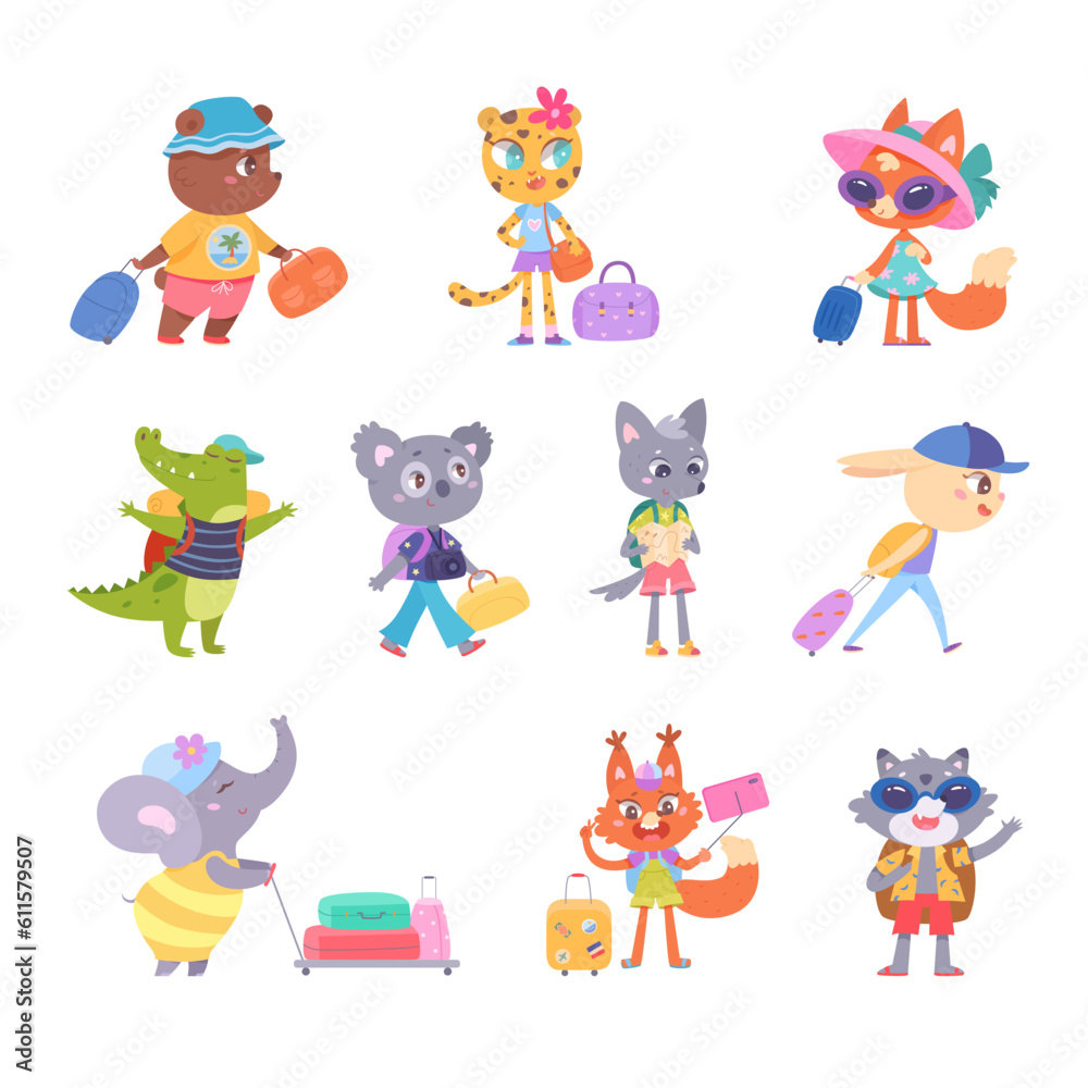 Animals with baggage travel set vector illustration. Cartoon isolated funny characters with luggage collection, happy bear koala cat wolf rabbit fox crocodile raccoon elephant with bags and suitcases Animals with baggage travel set vector illustration. Cartoon isolated funny characters with luggage collection, happy bear koala cat wolf rabbit fox crocodile raccoon elephant with bags and suitcases