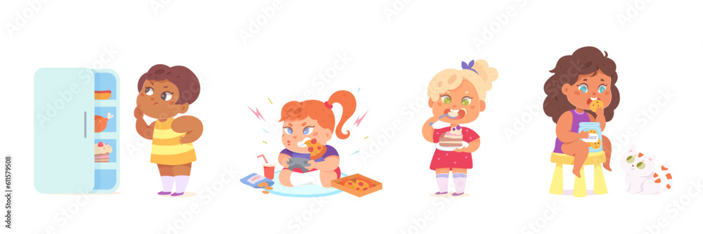Unhealthy fat and carbohydrate eating of overweight kids set, obesity disease of children Unhealthy fat and carbohydrate eating of overweight kids set, obesity disease of children