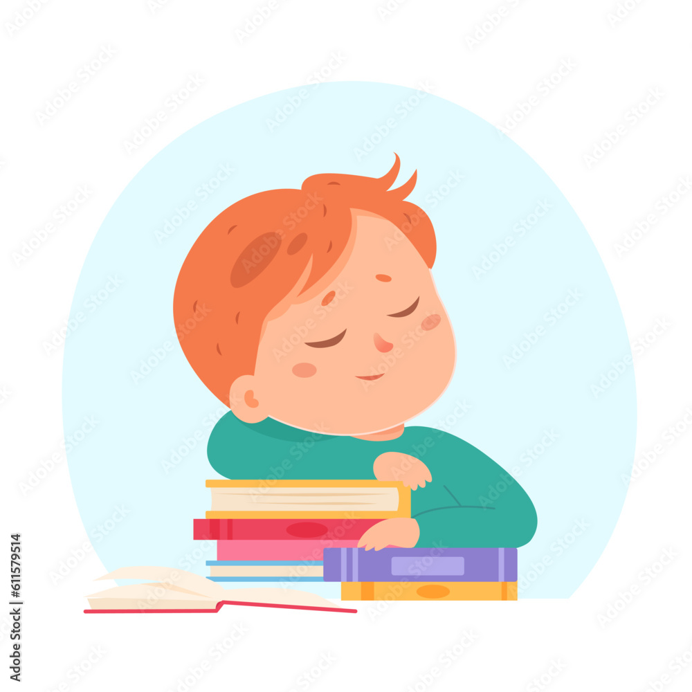 Tired lazy baby boy sleeping on stack of books, asleep cute kid sitting at table Tired lazy baby boy sleeping on stack of books, asleep cute kid sitting at table