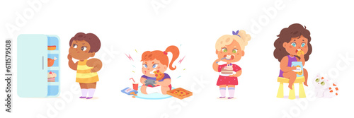 Unhealthy fat and carbohydrate eating of overweight kids set, obesity disease of children