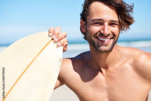Photography Portrait, surfing and a man in the ocean at the beach for surfing while on summer holiday or vacation