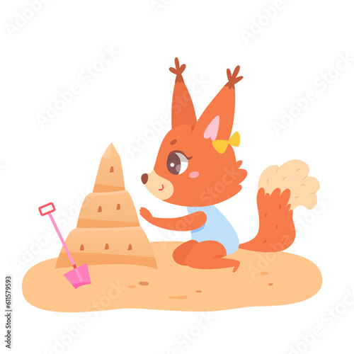 Cute squirrel building sand castle on beach and playing, summer outdoor vacation scene