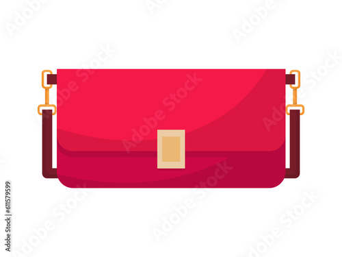 Leather red bag with gold fittings for hand and shoulder of woman vector illustration. Cartoon isolated luxury fashion handbag, elegant stylish trendy accessory and glamour clutch model for lady