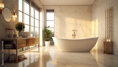 Bathroom luxury design with a bathtub in the center, lifestyle concept