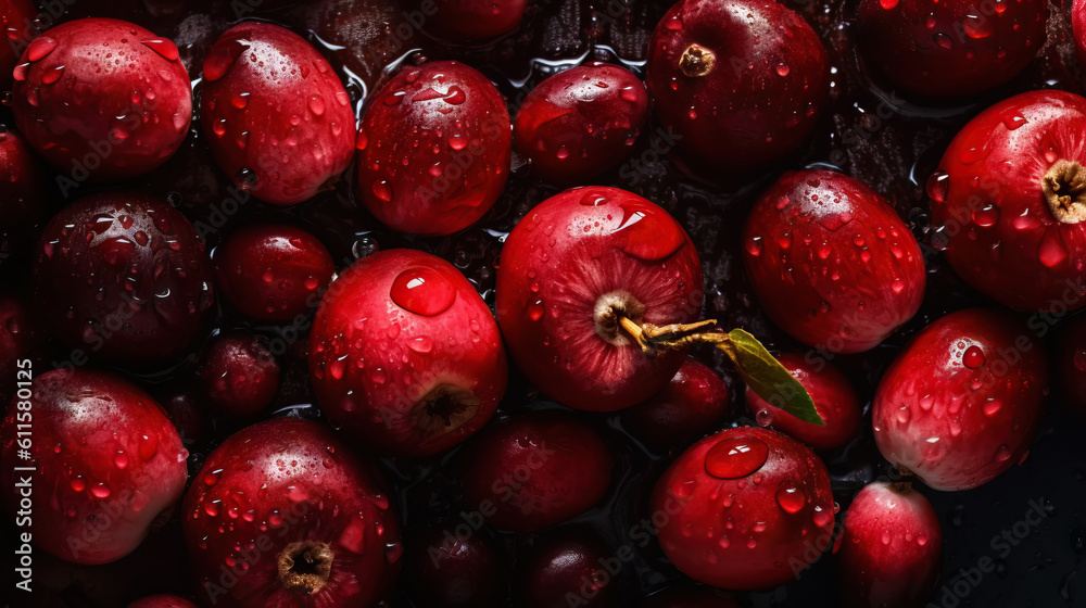 Fresh ripe cranberries with water drops background. Berries backdrop. Generative AI Fresh ripe cranberries with water drops background. Berries backdrop. Generative AI