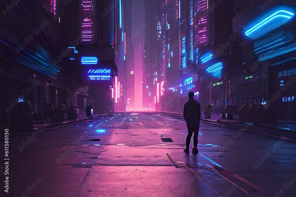 Cyberpunk Industrial Abstract Future Wallpaper. Futuristic concept. Blue pink violet Evening urban landscape. Generative AI illustration.