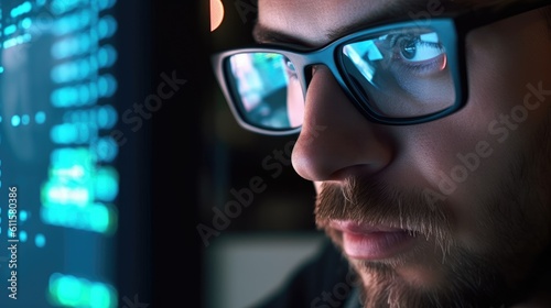 Focused developer coder wears glasses working on computer looking at programming code. Generative AI