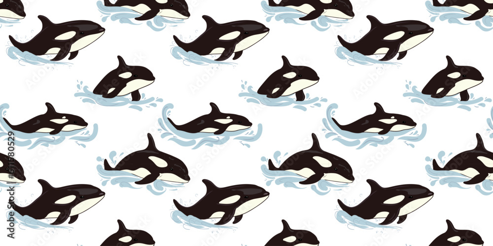 Seamless pattern with cute cartoon killer whales or orca, vector illustration