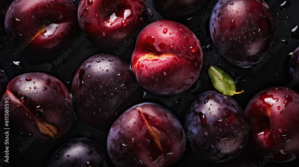 Fresh ripe plums with water drops background. Fruits backdrop. Generative AI Fresh ripe plums with water drops background. Fruits backdrop. Generative AI
