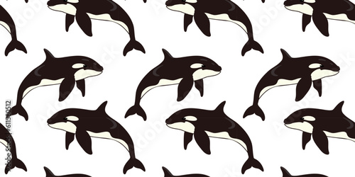 Seamless pattern with cute cartoon killer whales or orca, vector illustration