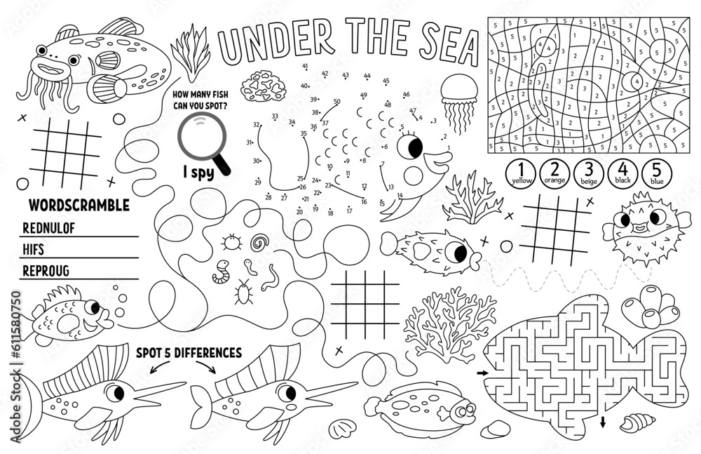 Vector under the sea placemat for kids. Ocean life printable activity mat with maze, tic tac toe charts, connect the dots, find difference. Underwater black and white play mat or coloring page.
