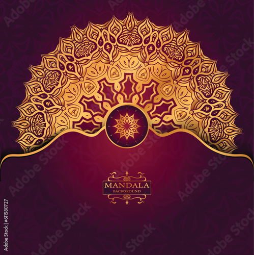 Golden Luxury Religious Mandala Greeting Square Card Design With Red  Abatract Background 