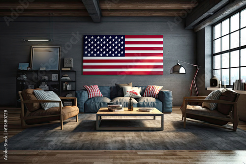 American Independence Day (United States of America) Theme room design. American Flag Living Room: Hyper-Realistic Urban Vibes and Bold Colors photo