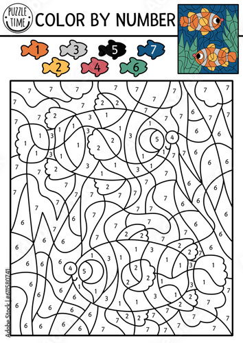 Vector under the sea color by number activity with clownfish and seaweeds. Ocean life scene. Black and white counting game with water animal. Coloring page for kids with underwater landscape.