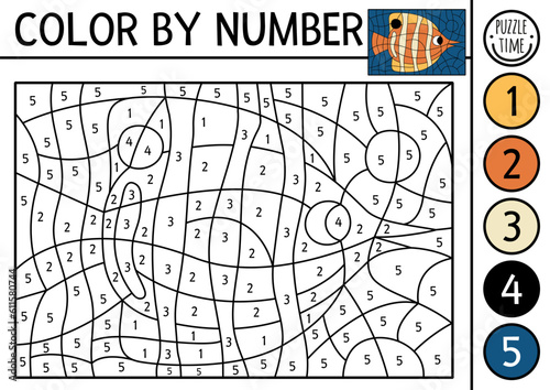 Vector under the sea color by number activity with butterflyfish and seaweeds. Ocean life scene. Black and white counting game with water animal. Coloring page for kids with underwater landscape.