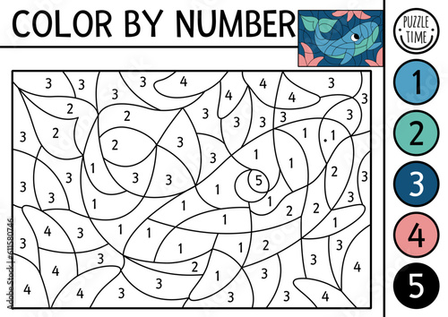 Vector under the sea color by number activity with whale and seaweeds. Ocean life scene. Black and white counting game with water animal. Coloring page for kids with underwater landscape.