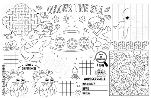 Vector under the sea placemat for kids. Ocean life printable activity mat with maze, tic tac toe charts, connect the dots, find difference. Underwater black and white play mat or coloring page.