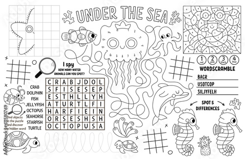 Vector under the sea placemat for kids. Ocean life printable activity mat with maze, tic tac toe charts, connect the dots, find difference. Underwater black and white play mat or coloring page.