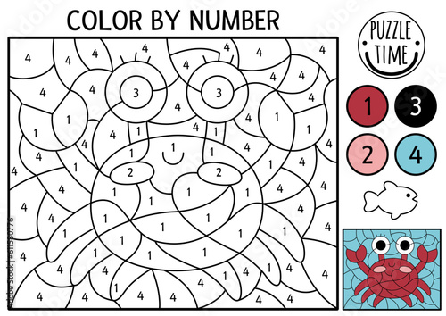 Vector under the sea color by number activity with red crab. Ocean life scene. Black and white counting game with water animal. Coloring page for kids with underwater landscape