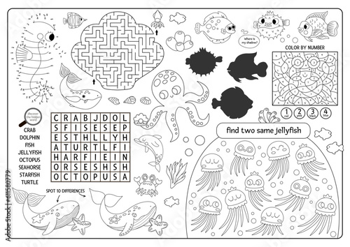 Vector under the sea placemat. Ocean life line printable activity mat with maze, word search puzzle, shadow match, find difference. Underwater black and white play mat, menu, coloring page.