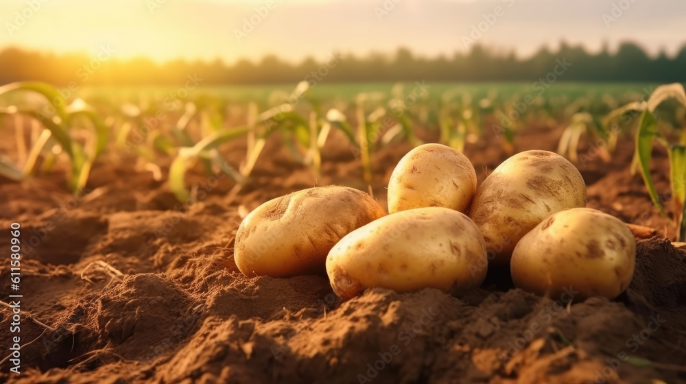 Fresh potatoes on the ground. Generative AI - obrazy, fototapety, plakaty 
