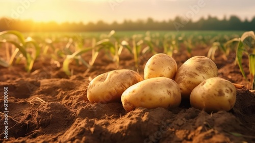 Fotografia Fresh potatoes on the ground. Generative AI