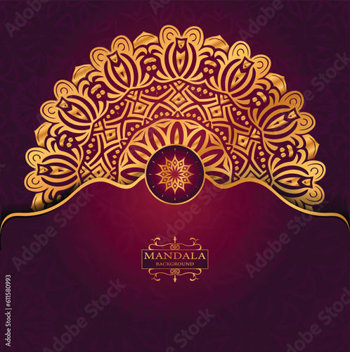 Golden Luxury Religious Mandala Greeting Square Card Design With Red  Abatract Background 