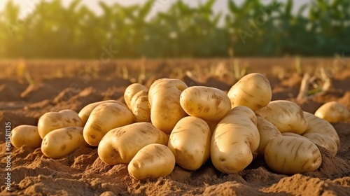 Fresh potatoes on the ground. Generative AI