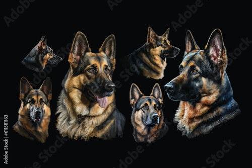 watercolor set of german shepherd dog on black background