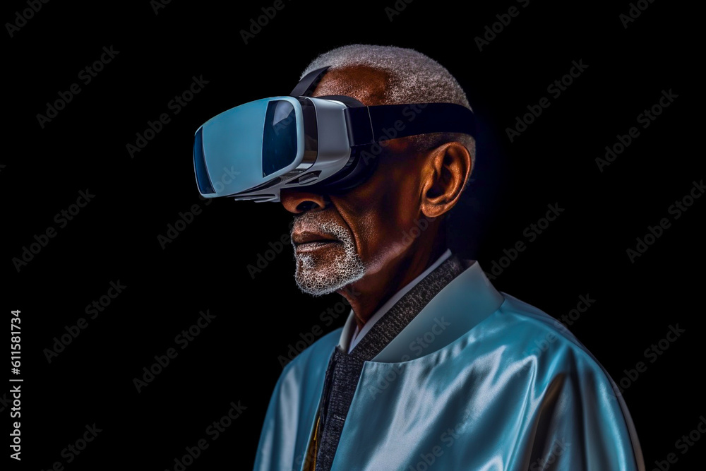 Old man wearing VR glasses created with Generative AI technology