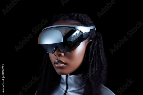 Young woman wearing VR glasses created with Generative AI technology