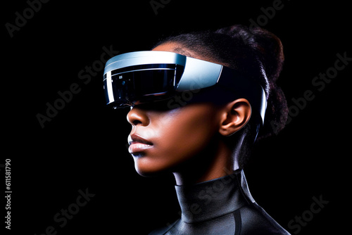 Young woman using VR glasses created with Generative AI technology © michaelheim