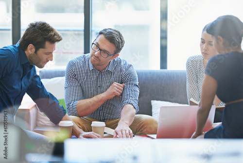 Group of creative people in meeting, brainstorming and team project management at advertising agency. Communication, collaboration and strategy, men and women in discussion, design process at startup