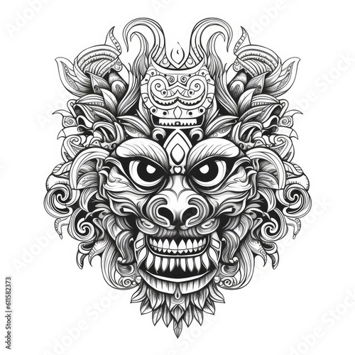 Black and white drawing of a Balinese Mask isolated on white. Tattoo idea for an ornamental mask in the style of Barong.