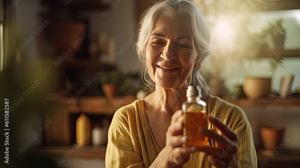 Woman hands holding massage or cosmetics oil bottle for applying drops to skin of face. Female hold oil. Concept of healthy lifestyle and self care. Generative AI