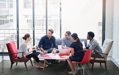 Business people, meeting and staff with ideas, creative agency and discussion in a modern office. Group, team and men with women, brainstorming and planning for a project, startup and collaboration