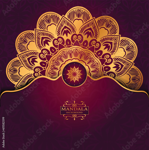 Golden Luxury Religious Mandala Greeting Square Card Design With Red  Abatract Background 